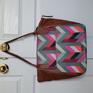 Fossil Chevron Tote in Brown Gray Pink and Blue